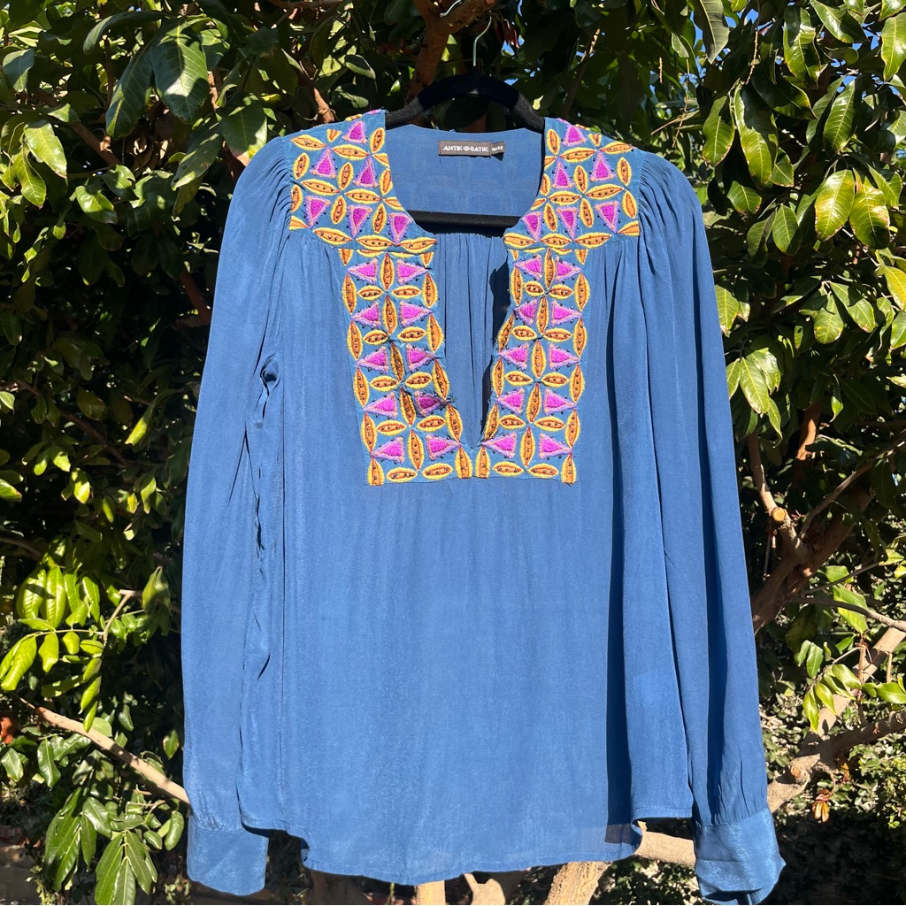 Antik Batik Anthropologie Blue Popover Beaded Embroidered Long Sleeve Blouse